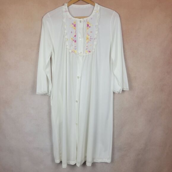 Vintage 70s Snowdon White Long Sleeve Button Down Nightgown Robe Cover Up Medium - Picture 1 of 7